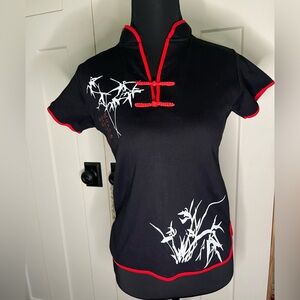 Black Red Women's Bamboo Print Chinese Inspired Top Kill Bill Y2K
